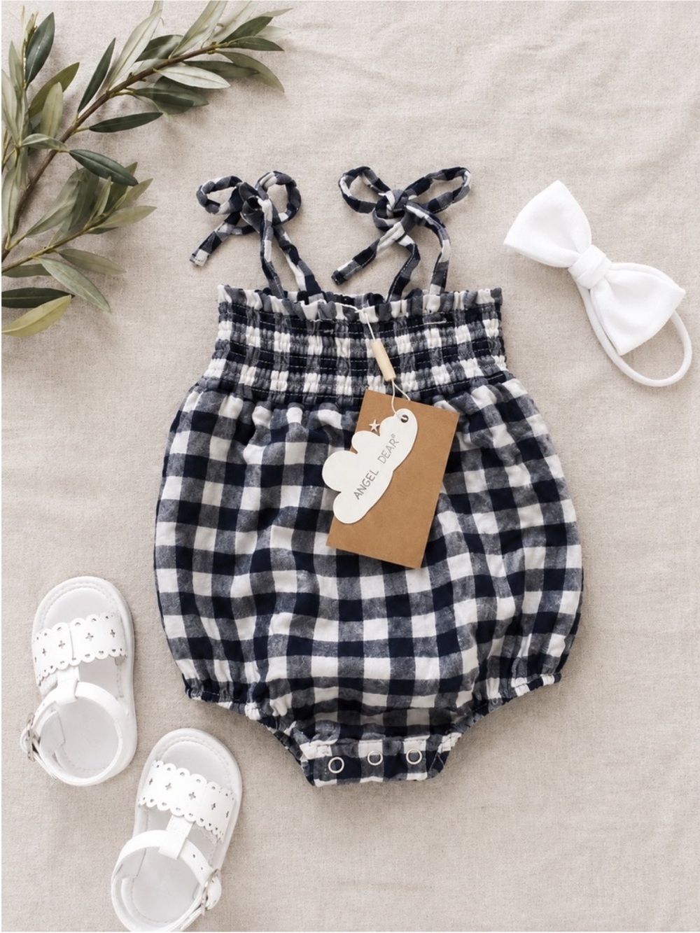 Angel Dear Navy Gingham Romper 0-3M NWT Baby Bubble